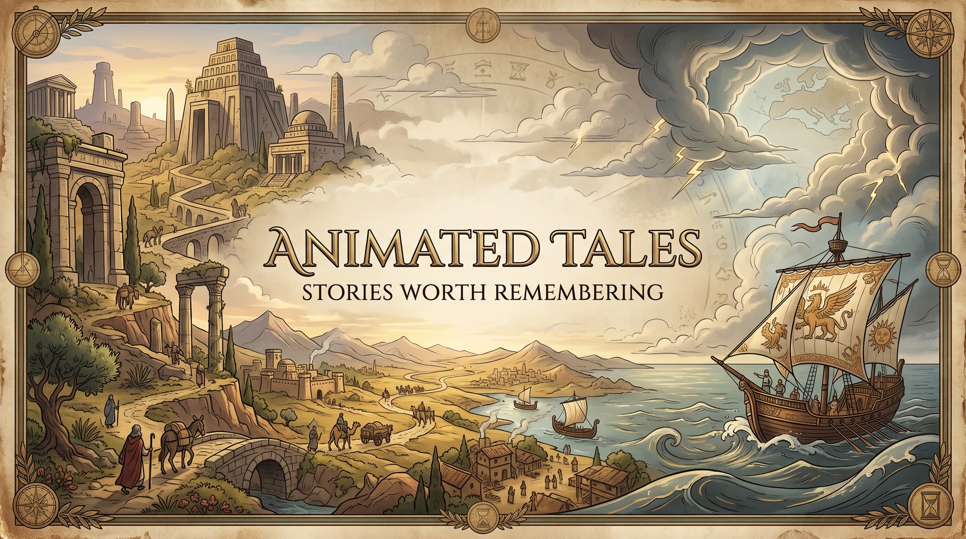 The Animated Tales banner: a hand-drawn ancient world of temples, a winding road and caravans on the left, a storm and a sailing ship on the right, with the words Animated Tales, Stories worth remembering.