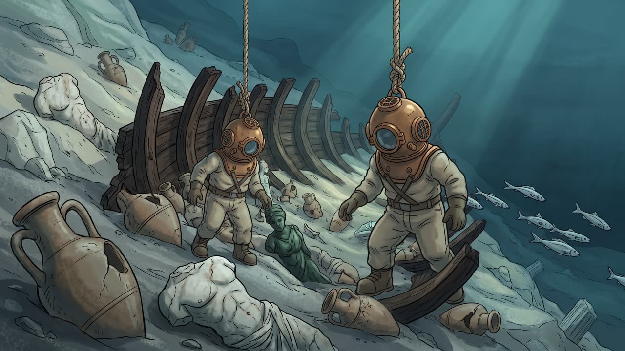Divers in copper helmets among statues on the wreck