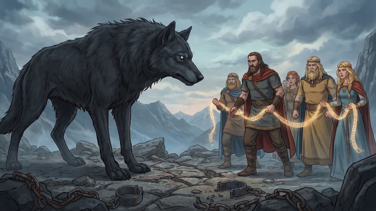 The gods carry the glowing ribbon Gleipnir to Fenrir, with his broken chains on the rocks
